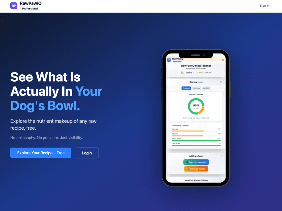 RawPawIQ homepage with the Explore your recipe button highlighted