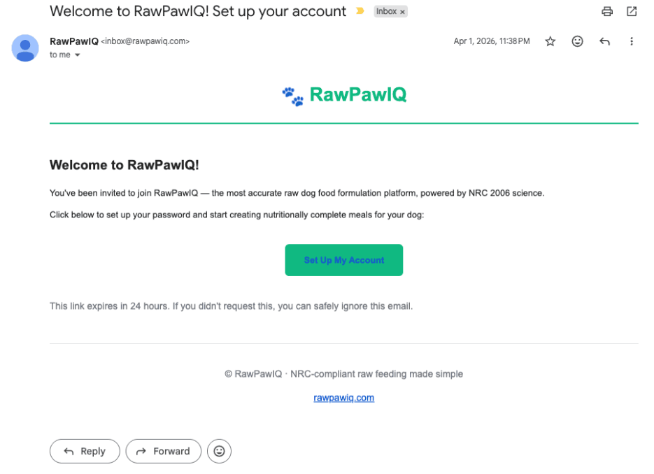 Welcome email with the Set up my account button