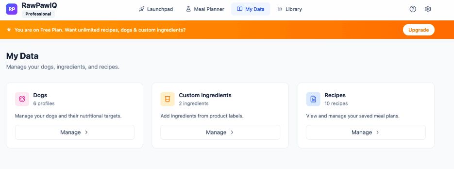 My Data menu showing profiles, custom ingredients, and saved recipes
