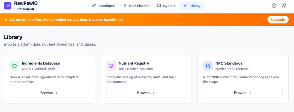 Library menu with ingredient database, nutrient registry, and NRC Standards