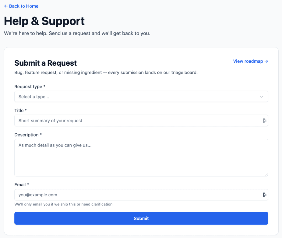 Support menu with feature requests, ingredient suggestions, and bug reports