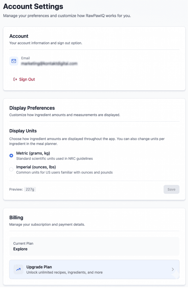 Account settings page with display preferences and billing options