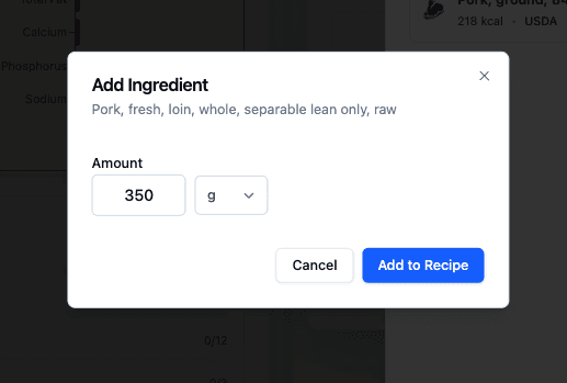 Amount prompt with 350g entered for Pork Loin