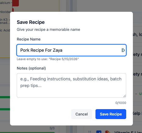 Save Recipe dialog with name and notes fields