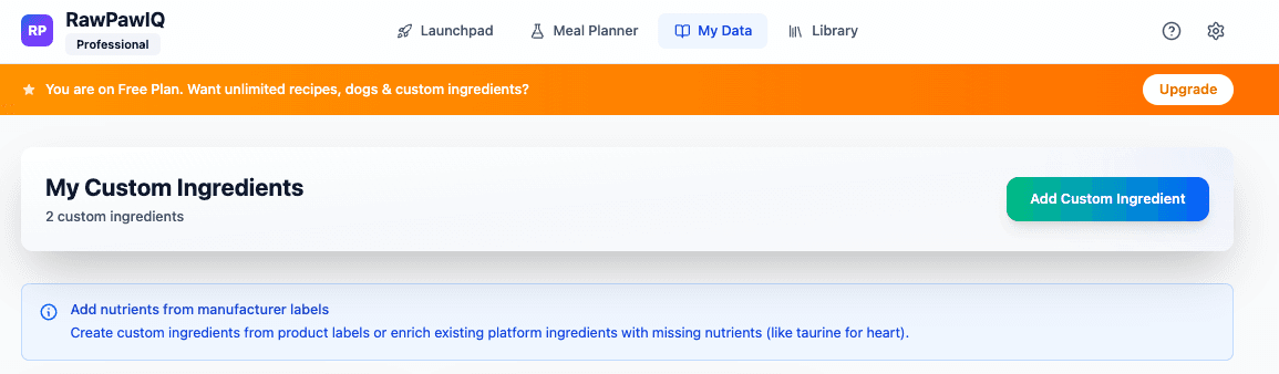 Custom Ingredients page