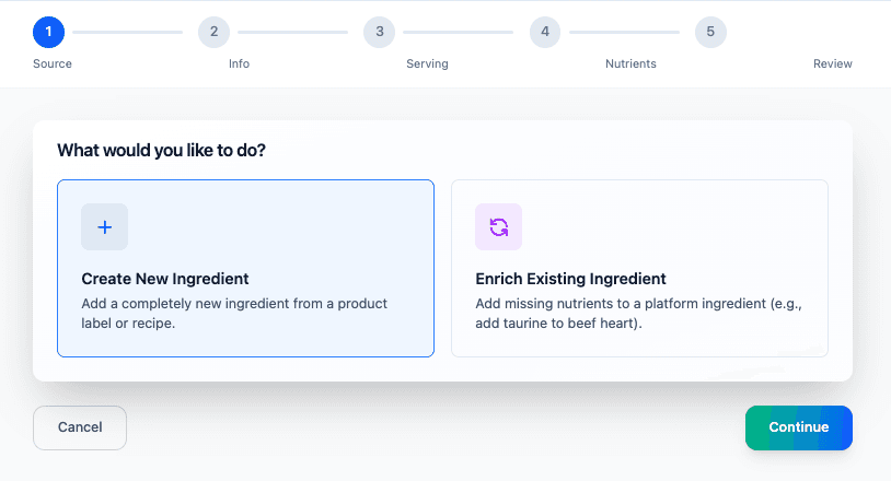Source step of the Custom Ingredient wizard