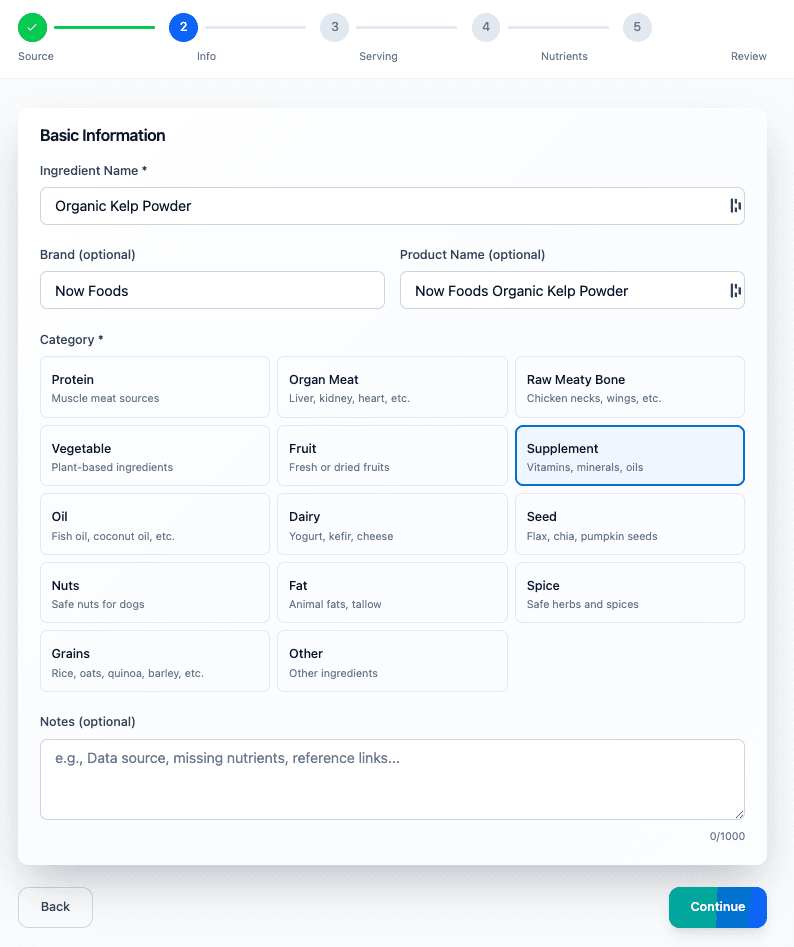 Info step with ingredient details filled in