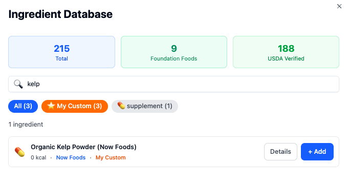 Custom ingredient appearing in the My Custom filter