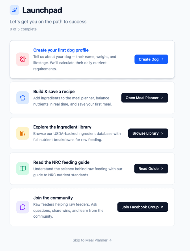 Launchpad showing the Create Dog button