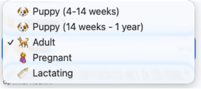 Life stage dropdown options
