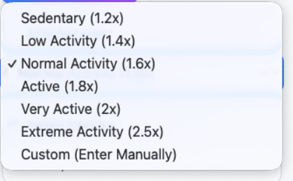 Activity level dropdown showing multipliers