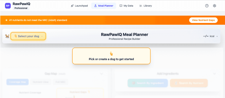 Dog selector dropdown in the top left of the Meal Planner