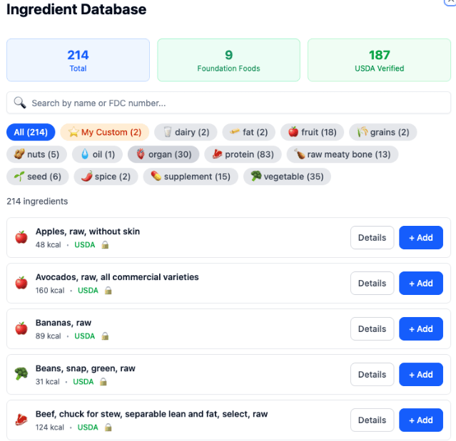 Ingredient database with category filters