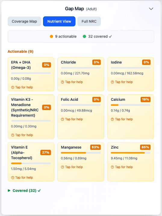 Nutrient View tab with per-nutrient breakdown