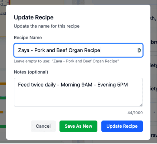 Save Recipe dialog