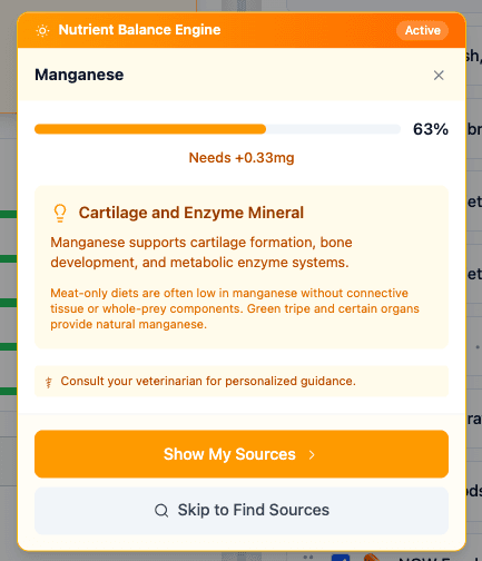 Nutrient Balance Engine panel showing Manganese at 63%